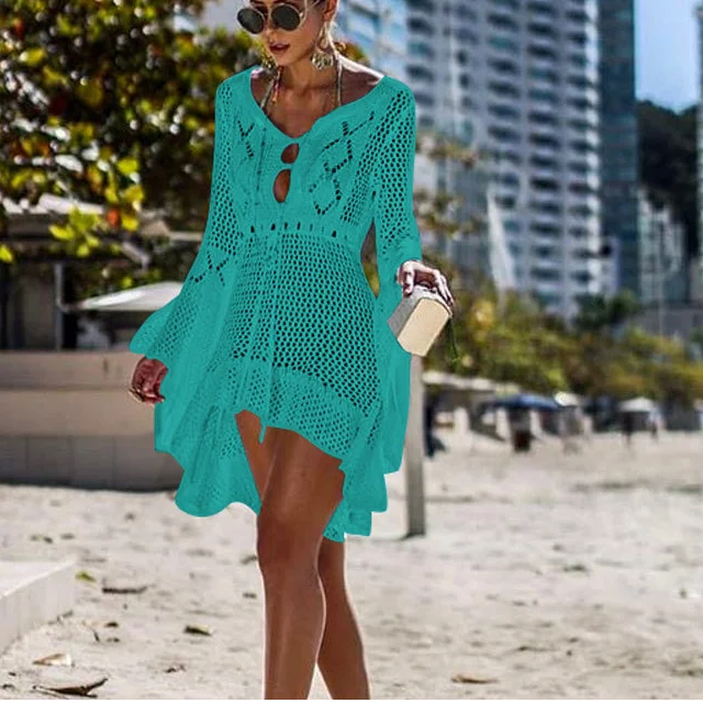 

Summer Women Short Sleeve Dress Holiday Beach Shirt Dress Ladies Solid Mini Dress Free Size Beach Dress Swimming Cover Up