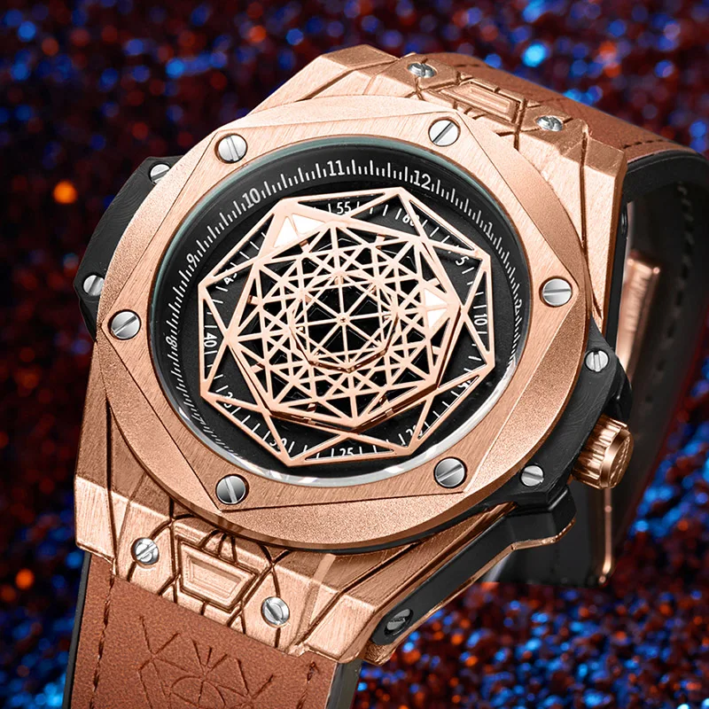 

Creative Rose Gold Wach Men Quartz Wristwatches 3D Dial Design Steel Waterproof Big Watches Top Brand Luxury Clock Hours 2020