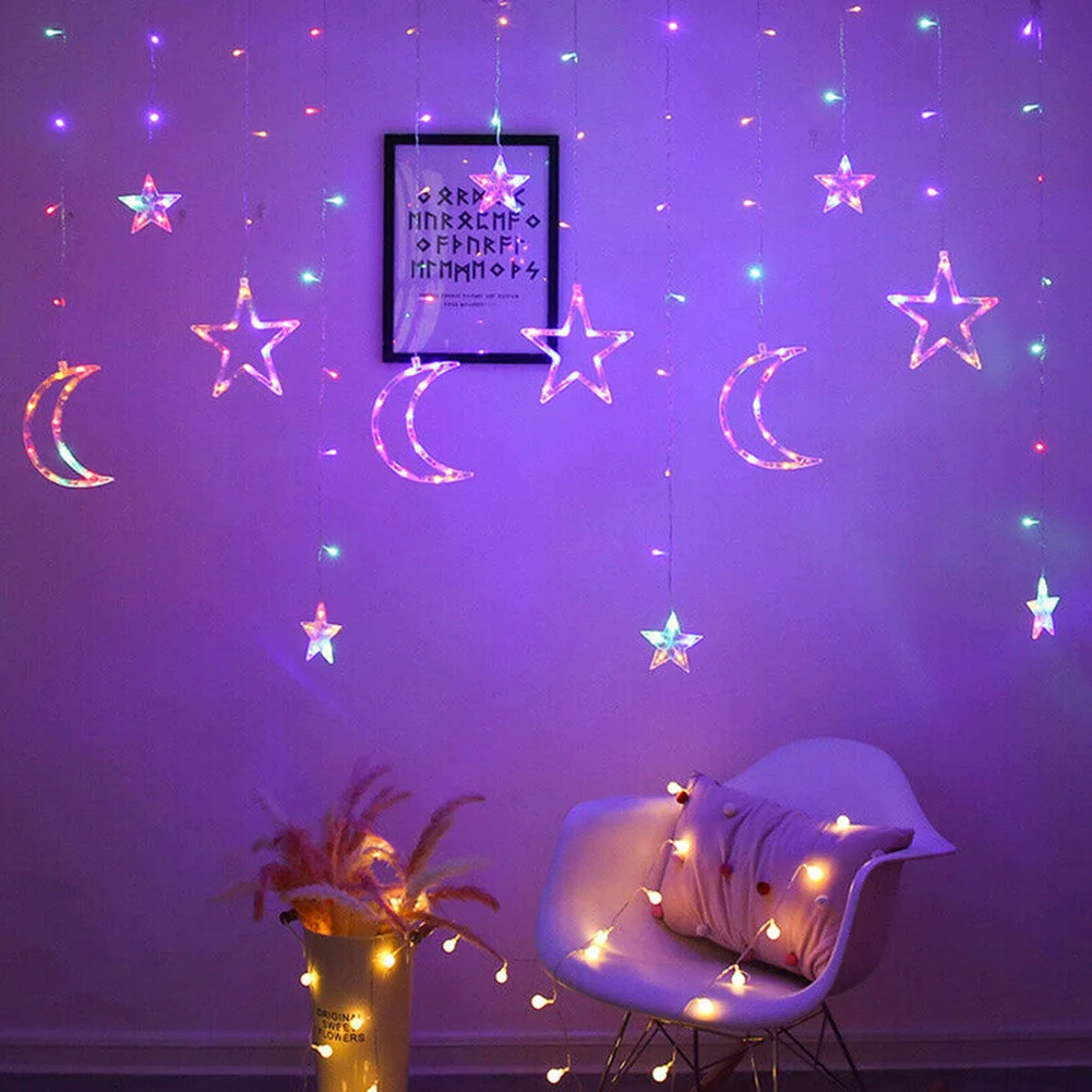 

LED Star Moon Curtain Lights String Lamps Party Decoration Lights Battery Garland Cotton Light Holiday for Home Room