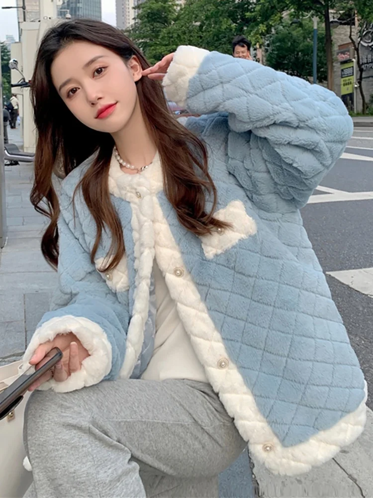 

Soft blue Plush coat in winter 2021 new cotton jacket thickened small cotton jacket warm cotton jacketNuyoah