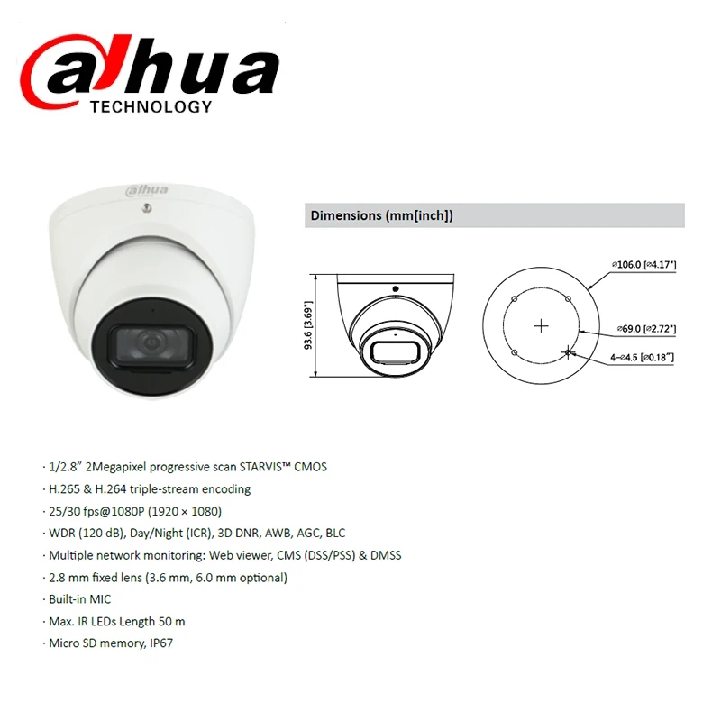Оригинальная Dahua IPC HDW5241TM AS 2MP AI сетевая ip камера IR 50 м H.265 WDR Eyeball с поддержкой POE SD
