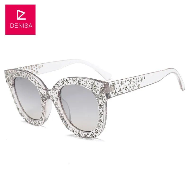 Transparent Silver DENISA Star шипованные кошачий глаз солнцезащитные очки женские модные черные солнцезащитные очки с серебряными звездами женские солнцезащитные очки Роскошные очки G5700 - Цвет линз: Transparent Silver