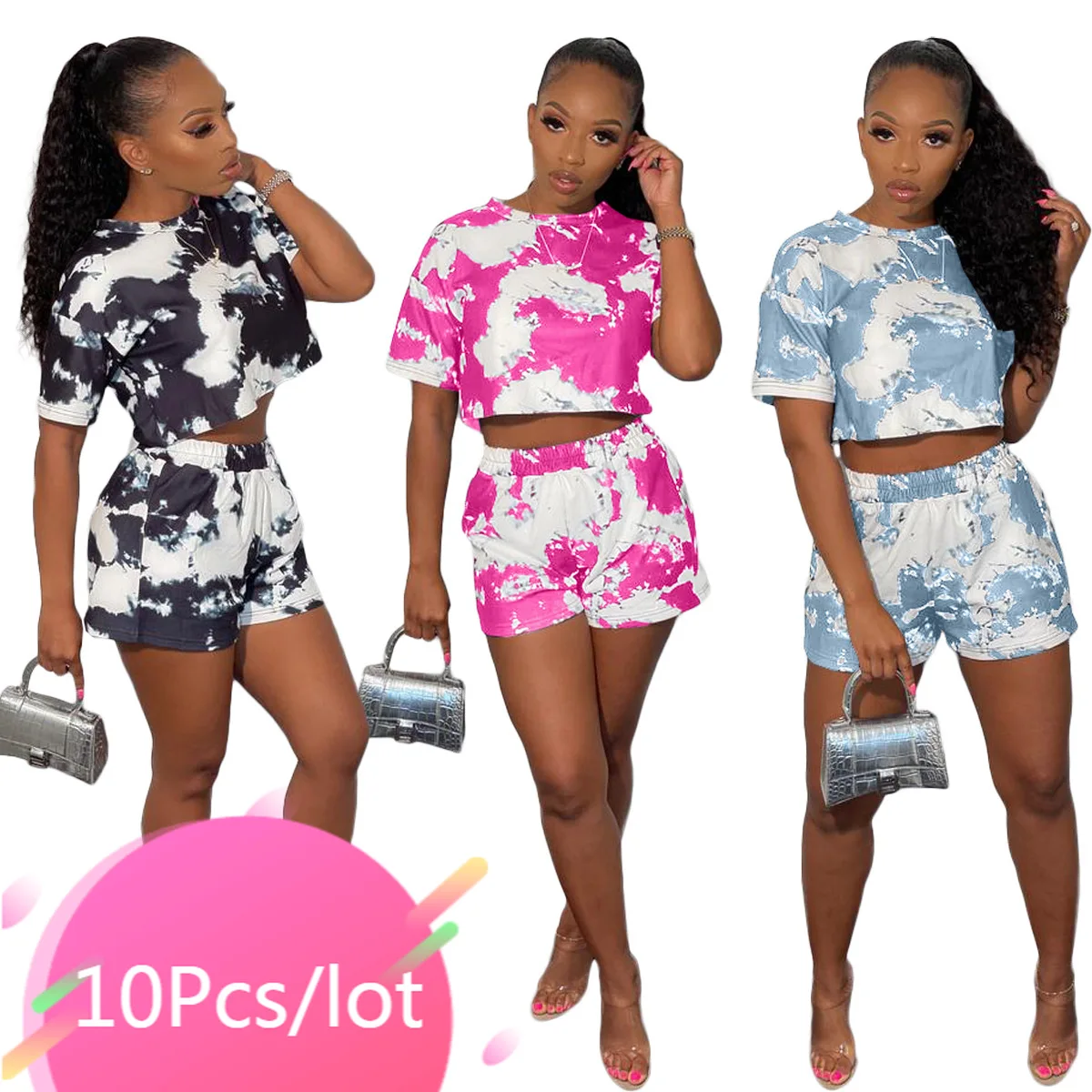 

Bulk Items Wholesale Lots Two Piece Sets Women Tie Dyed Print Crop Tops and Shorts Suits Summer Streetwear 2021 Sexy Beach Wear
