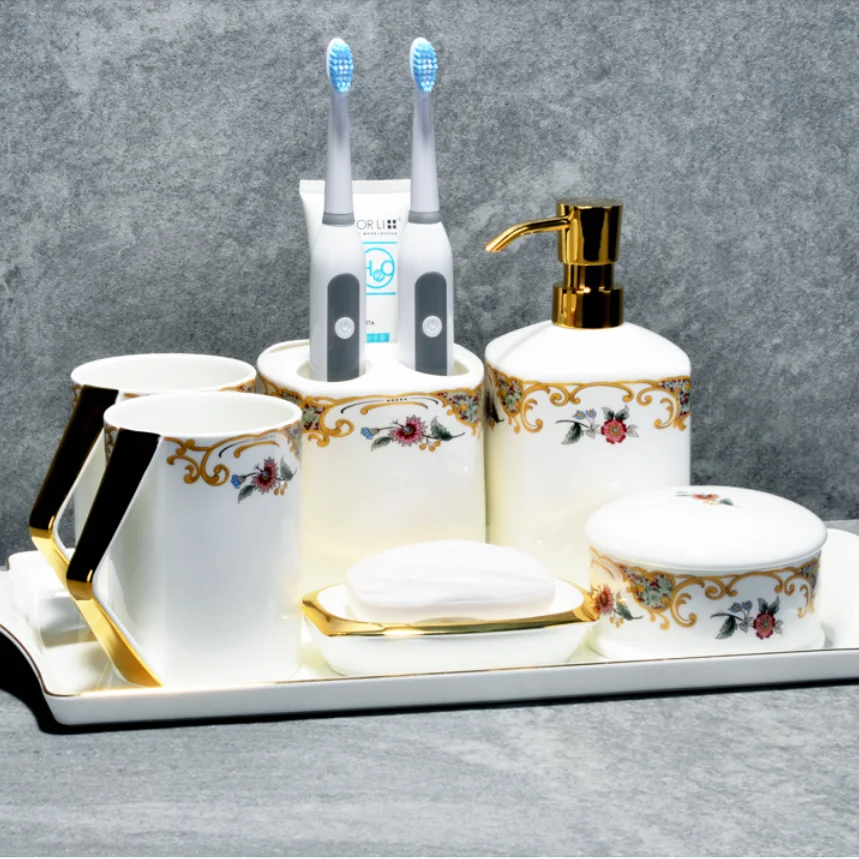 

Luxury Ornaments Bathroom Ceramic Lotion Bottle Wash Set Mouthwash Cup Produits De Salle De Bain Bathroom Accessories Set EF50WY