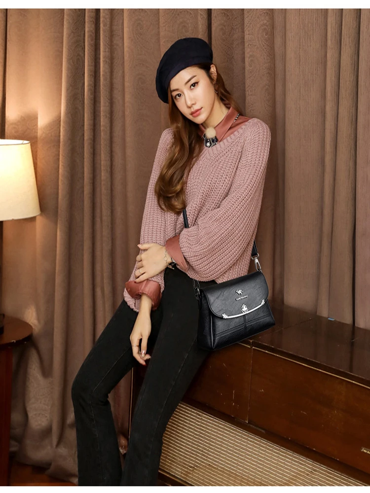 

Genuine Leather Women's Handbags Fashion Thread Shoulder CrossBody Bag For Women Messenger Bags Flap Bags Ladies