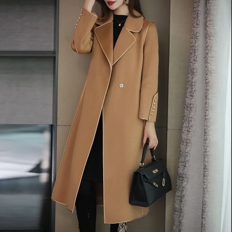 

Winter lean solid color bonded casual wool coat women's middle and long belt suit collar cashmere coat