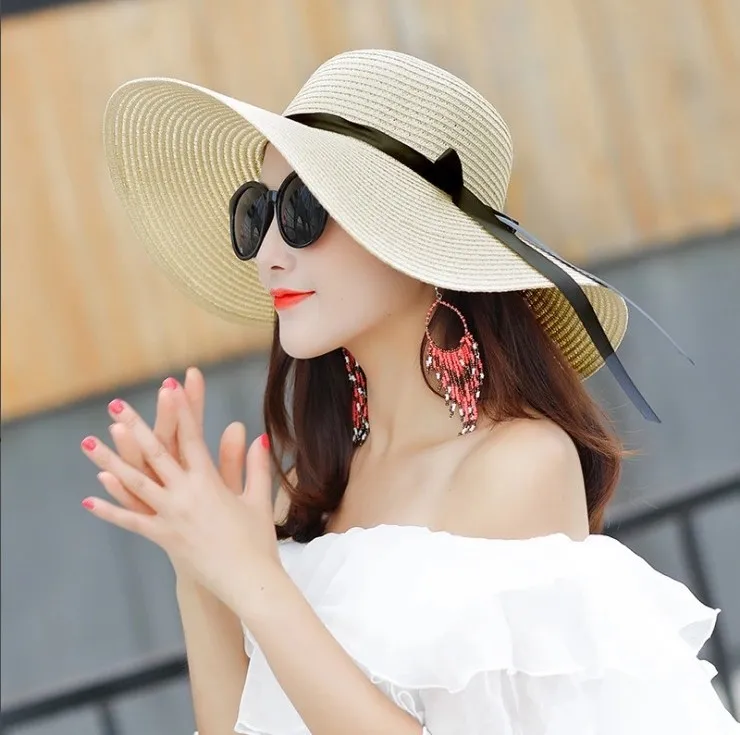 

Summer Wide Brim white Straw Hats Big Sun Hats For Women UV Protection floppy Beach Hats Ladies bow hat chapeau
