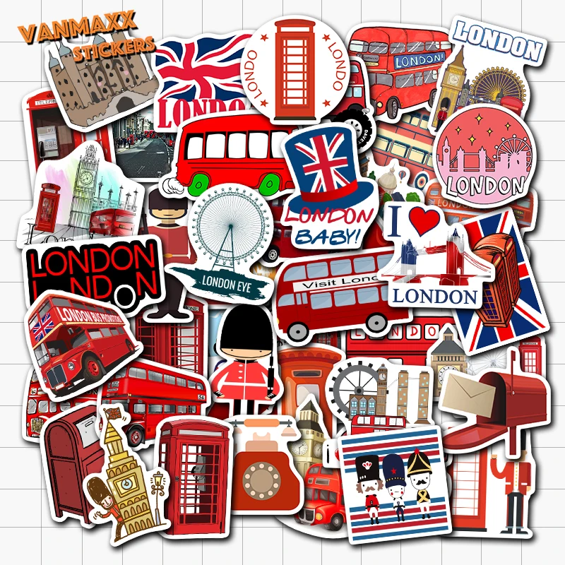 

50 pcs London Red Bus Telephone booth Landmark Stickers for Kids Teens Adults Luggage Laptop Bike Skateboard Supplies