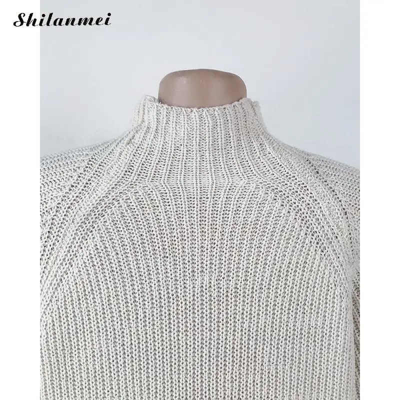 Модное женское вязаное платье свитер средней длины с высоким воротом зимние