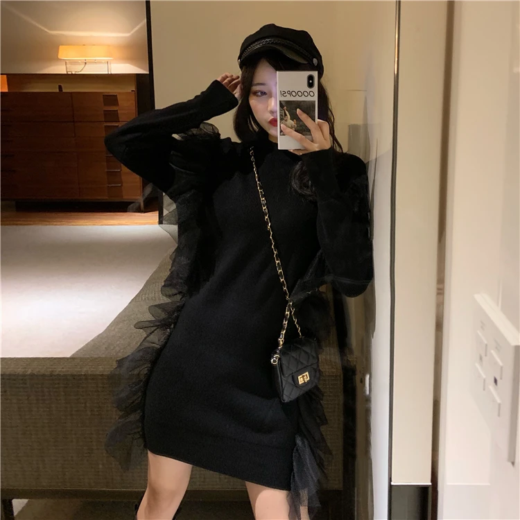 Новое модное женское повседневное свободное шерстяное вязаное платье с длинным