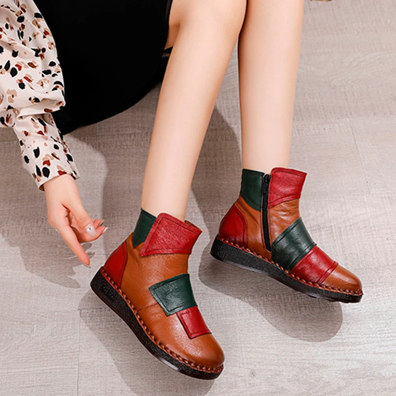 

CEYANEAO2020 Winter Splicing Shoes Cotton Shoes Women Thick Warm Plush Cow Leather Ankle Boots Mother Shoes Non-slip Flat Bottom