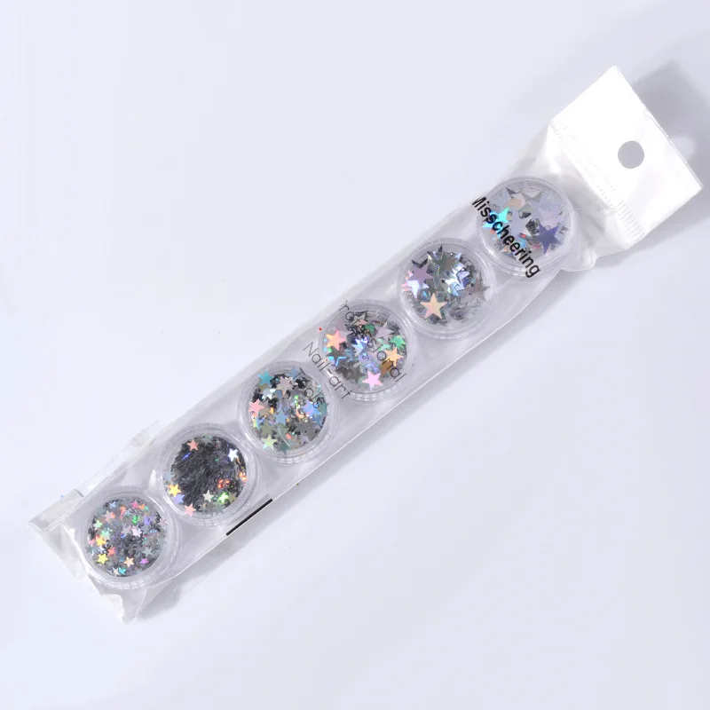 

6 pcs/set Colorful 6-color Pack Silver Five-pointed Star Sequins Laser Beautiful Paillette Nail Decoration Art Manicure DIY