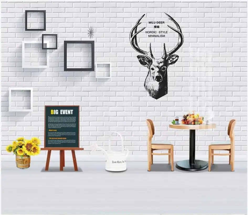 Настенные 3D обои WDBH на заказ простые белые с изображением головы оленя лося