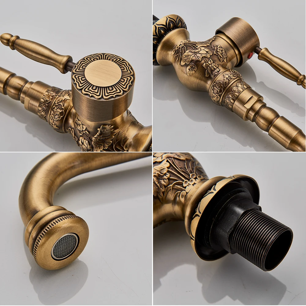 

Antique Brass Basin Faucet Long nose Spout Flower Carved Wash Sink Tap 360 Rotation Single Handle Mixer Tap Torneiras