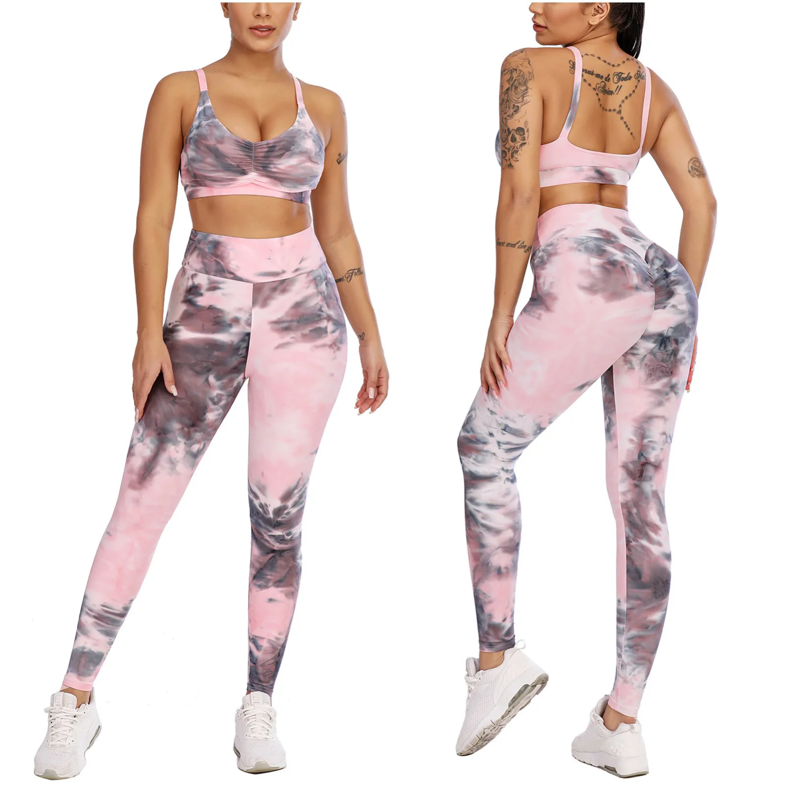 

2021 Fashion Elasticity Push Up Gym Clothing Women Patchwork Print High Waist Stretch Strethcy Fitness Leggings Pant Set