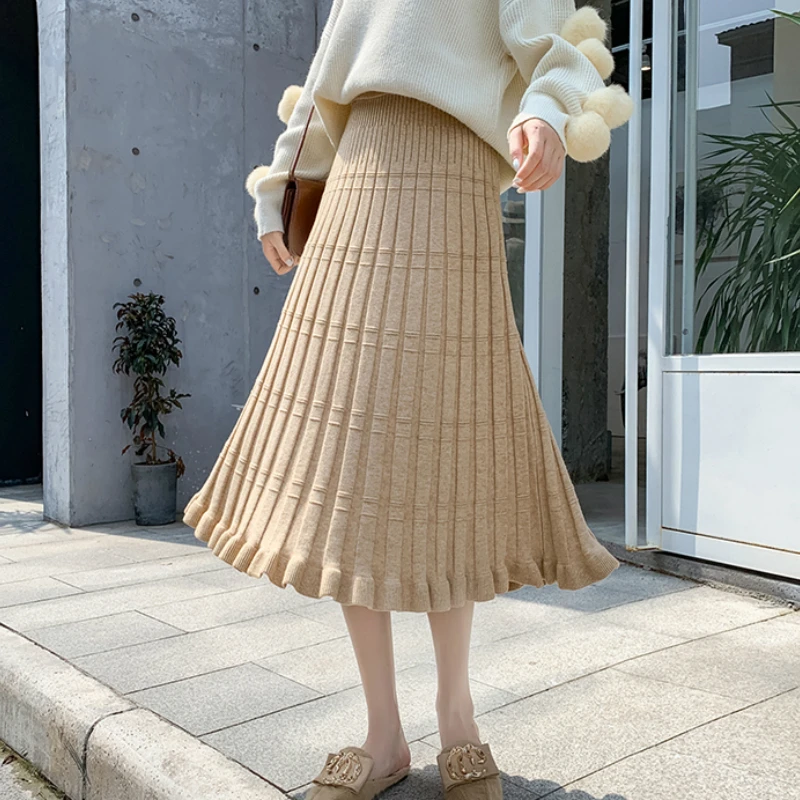 Осенние вязанные длинные юбки трапециевидной формы с эластичным поясом