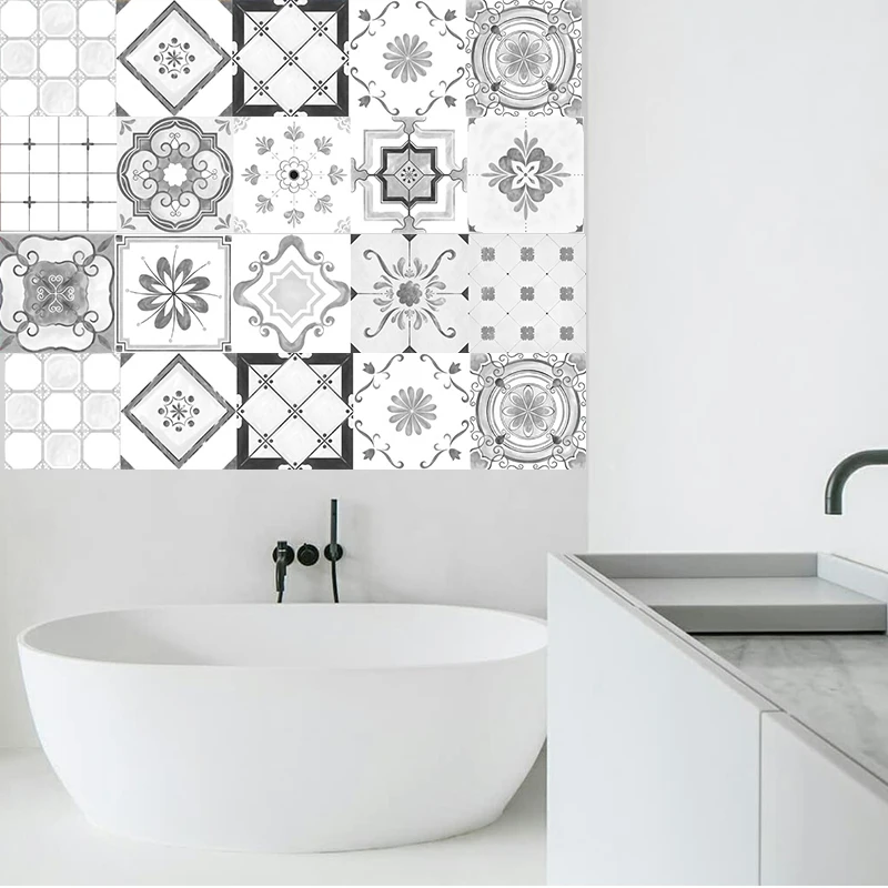 

Grey Moroccan Style Tiles Stickers PVC Waterproof Self adhesive Wall Stickers Bathroom DIY Removable Tile Sticker