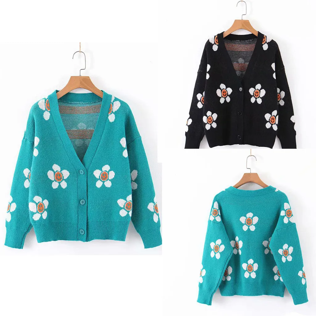 SAGACE Women's batch autumn and winter new lazy wind V-neck smiley face flower jacquard cardigan sweater Long sleeve |