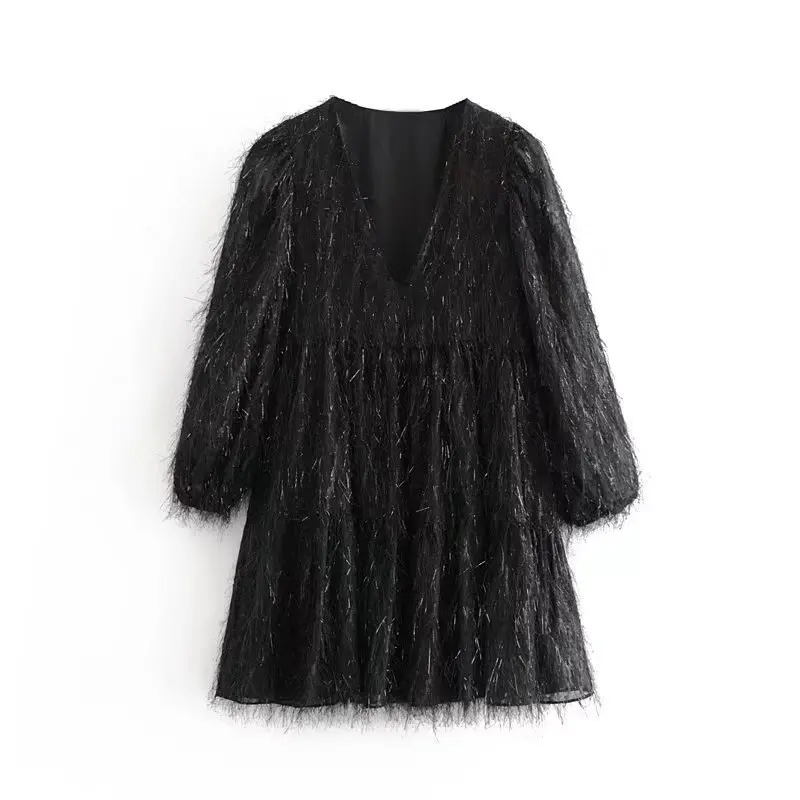 

Metallic Thread Tassel Women's Dress for New Year 2022 Black V-neck Party Dresses Wrist Sleeves Short Elegant Female Evening