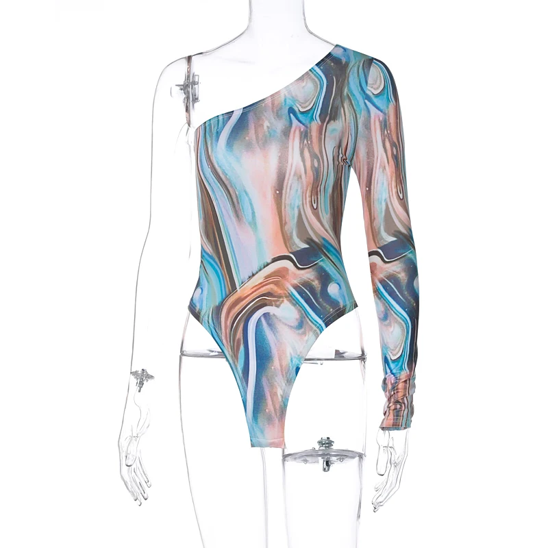 

Tie Dye Print Women Long Sleeve Bodysuit One Shoulder Bodycon Sexy Streetwear Casual 2021 Summer Clothes Body Rompers