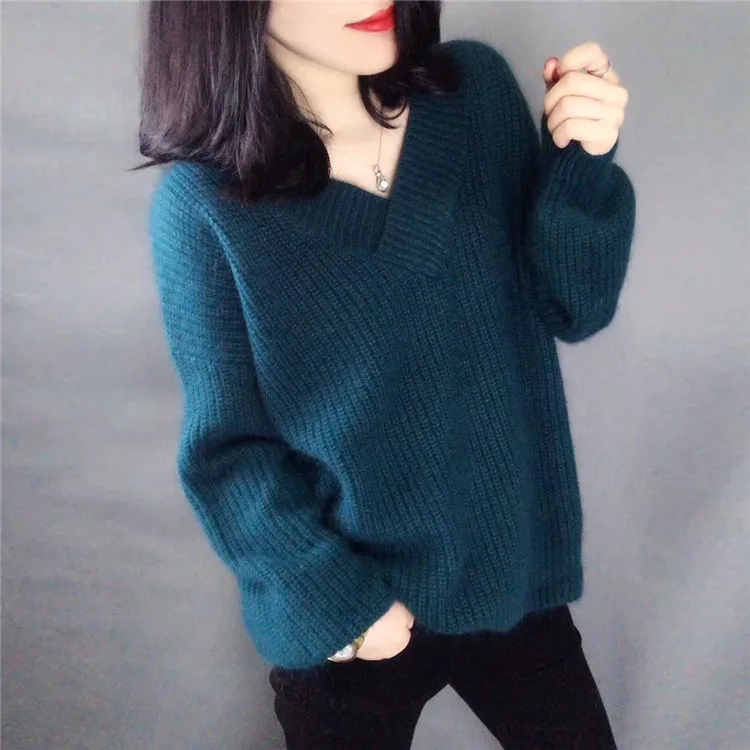2019 Новый Модный женский свободный свитер с v-образным вырезом большого размера