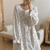 lace ruffles nightgown kawaii sleepwear cherry print homewear spring long midi dress loose soft cotton pajamas cute korean 2021