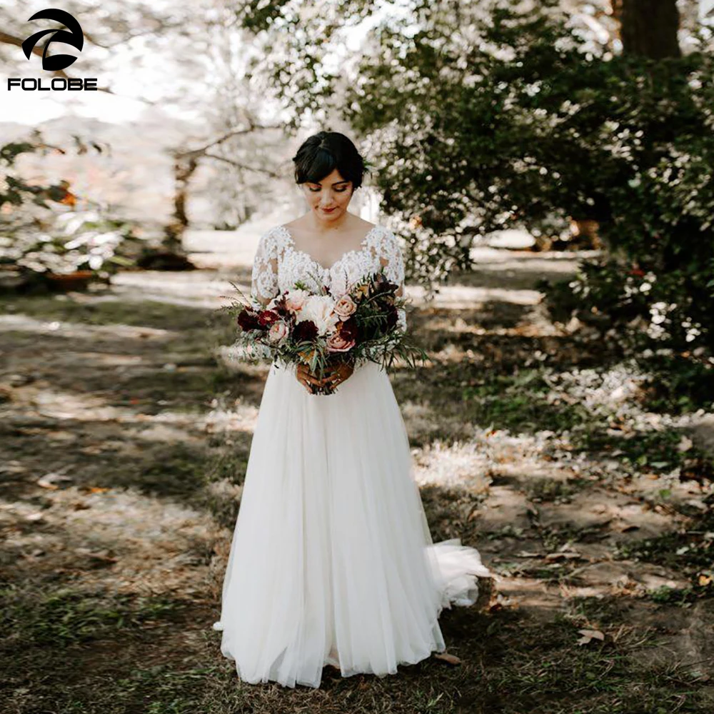 Кружевное свадебное платье FOLOBE с открытой спиной кружевное длинными рукавами