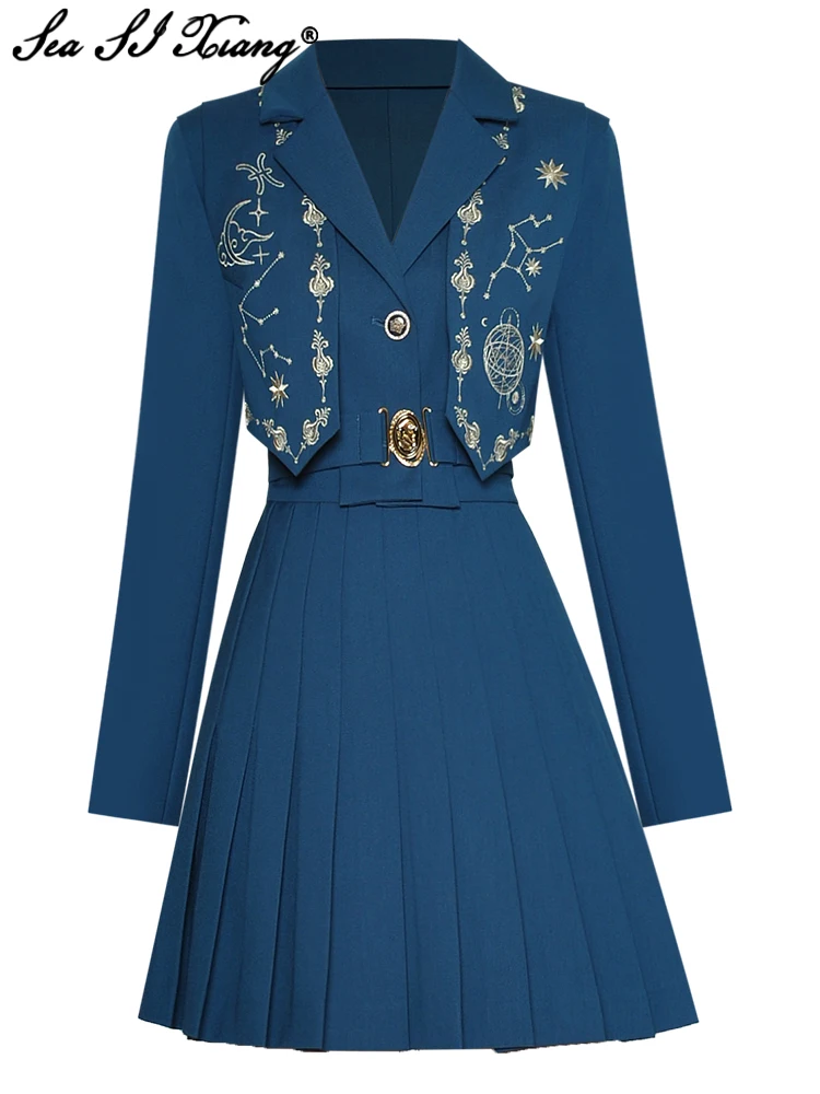

Seasixiang Fashion Designer Spring Dress Women Turn-down Collar Long Sleeve Sashes Embroidery Pleated Midi Dresses