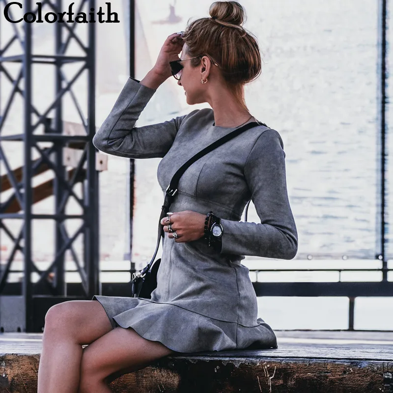 Платье мини женское замшевое с воланом завышенной талией и карманами|Женские