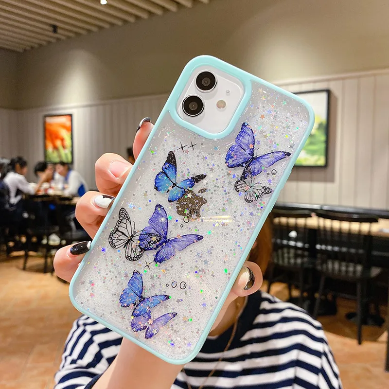 cartoon clear glitter butterfly soft shockproof phone case for iphone 12 13 11 pro max xs max xr x 6s 7 8 plus se cute shell free global shipping