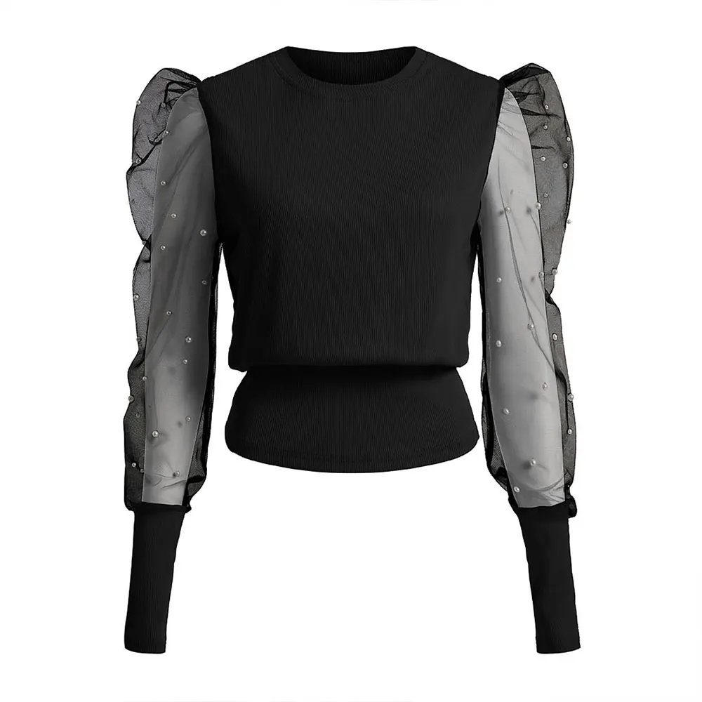 

Jocoo Jolee Women Beading Mesh Blouse Spring Long Sleeve Solid Pearl Beaded Design Puff Shirt Casual Elegant Office Tops