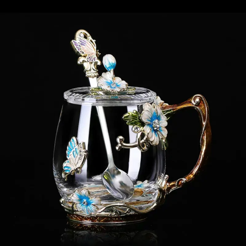 1cup1spoon1Lid Blue Красота и Новинка эмалированная кофейная чашка кружка цветочный чай стеклянные чашки для горячих и холодных напитков чайная чашка ложка Набор идеальный свадебный подарок - Цвет: 1cup1spoon1Lid Blue