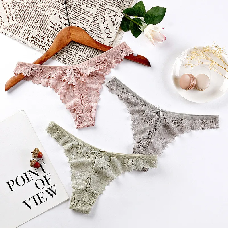 

3Pcs/Lot Sexy Lace Thong Low Waist Lace Transparent Panties Women Hollow out Breathable G String Briefs Bow Underwear Lingerie