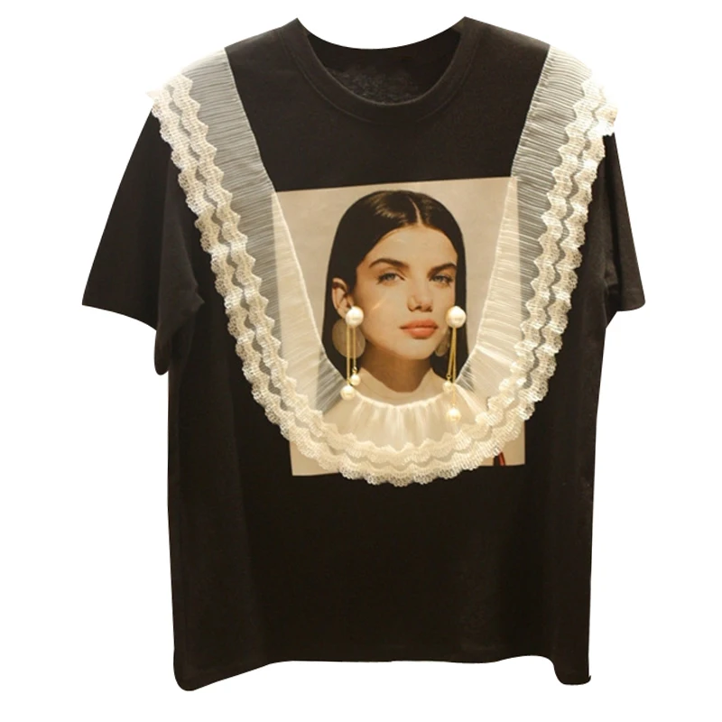 

The new summer 2021 han edition of short sleeve T-shirt female flower nail bead lace collar joker loose shirt jacket