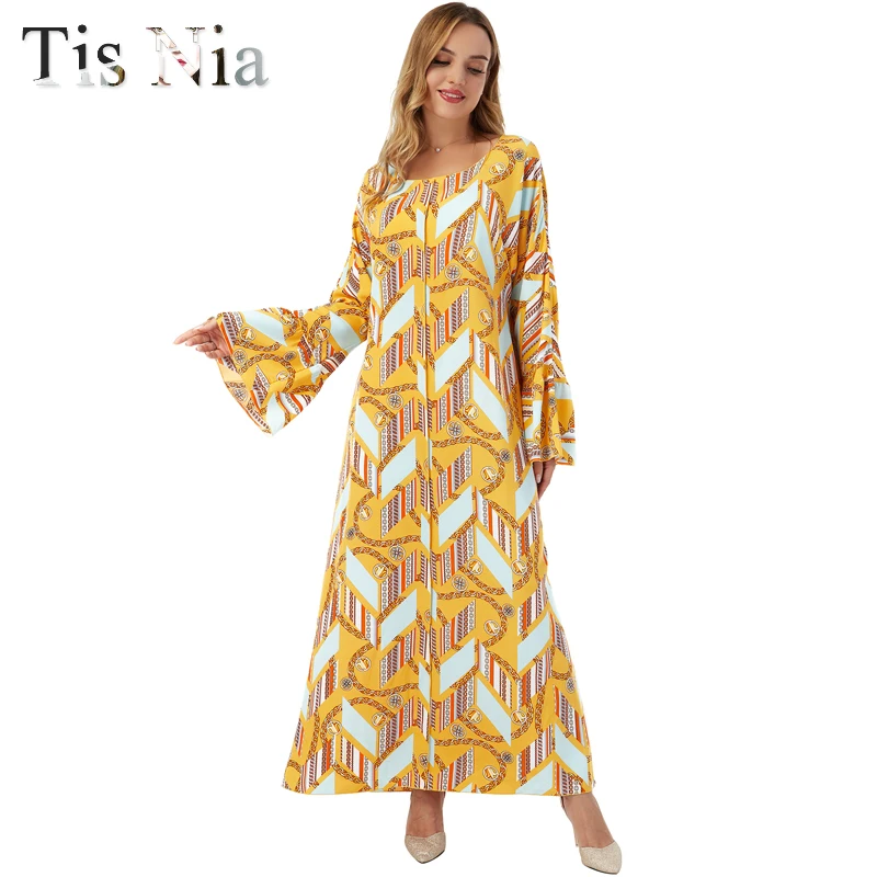 Модные летние женские платья, Новая Элегантная Арабская водолазка, расклешенные рукава, жёлтая водолазка с принтом