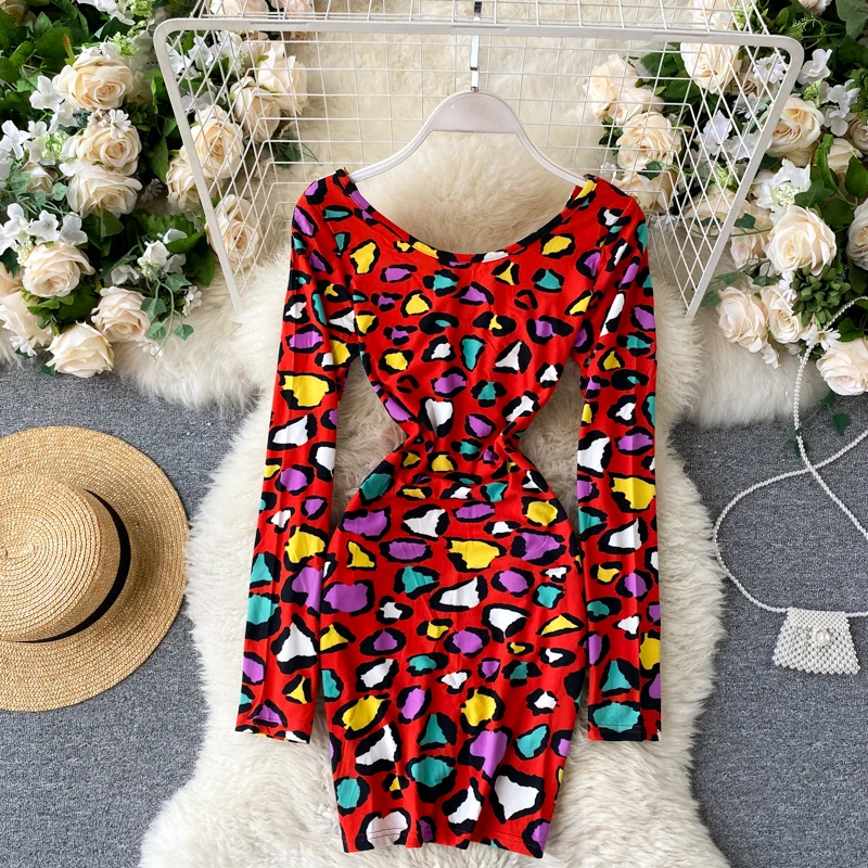 

Design Colorful Print Dress Women Long Sleeve Vintage Leopard Dresses Fashion Stretch Slim Hip Mini Dress Spring Autumn Vestidos