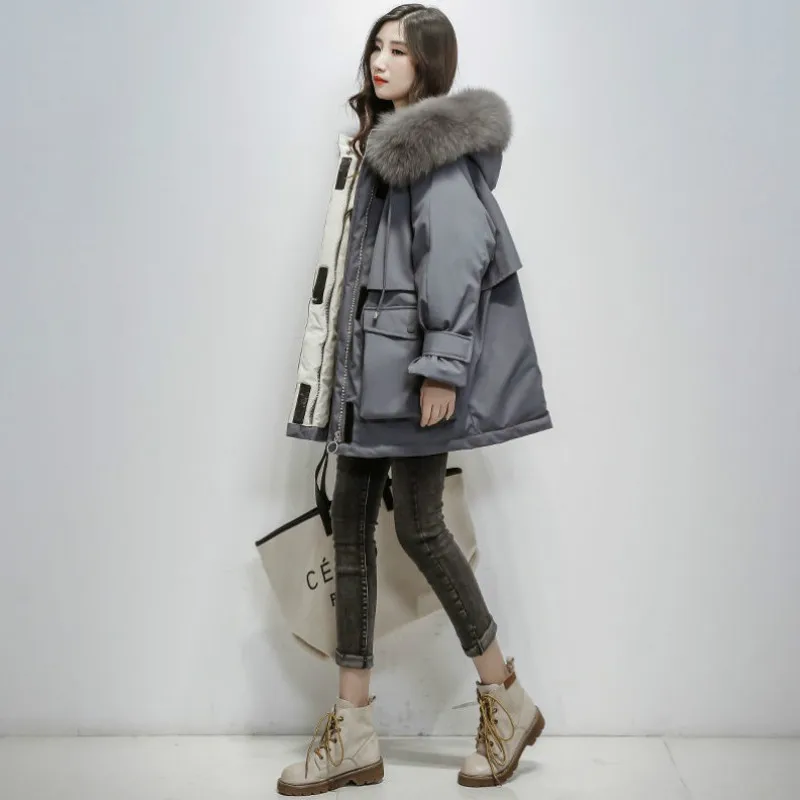 

Nature Fox Fur Hooded Winter Jacket Women's 90% White Duck Down Thick Parker Warm Belt Tied Up Snow Jacket 2021 Women