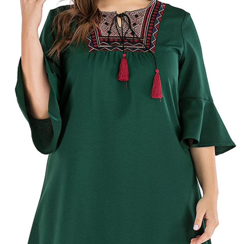Женское этническое платье с вышивкой элегантное зеленое трапеция размера плюс