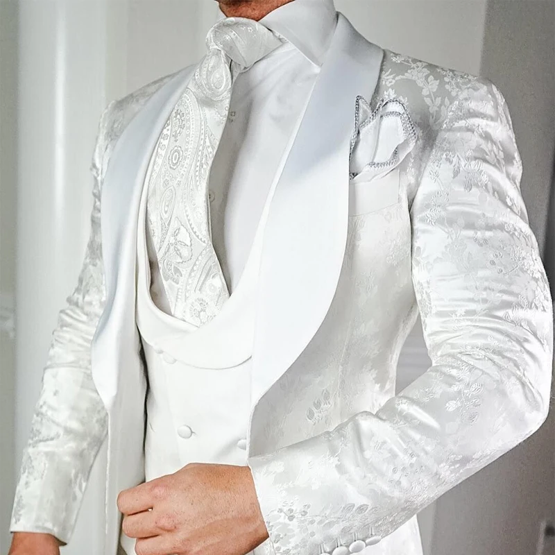 

White Floral Wedding Tuxedo for Groom 3 Pieces Slim Fit Men Suits with Satin Shawl Lapel Custom Male Fashion Costume Jacket Vest