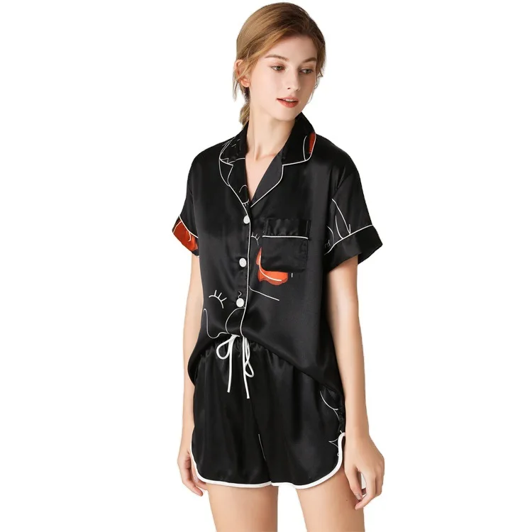 

Letter Ladies Pajama Set Satin Silk Pajamas Short Sleeve Top Shorts Womens Lounge Wear Home Suit Button-down Silk Nightwear Set