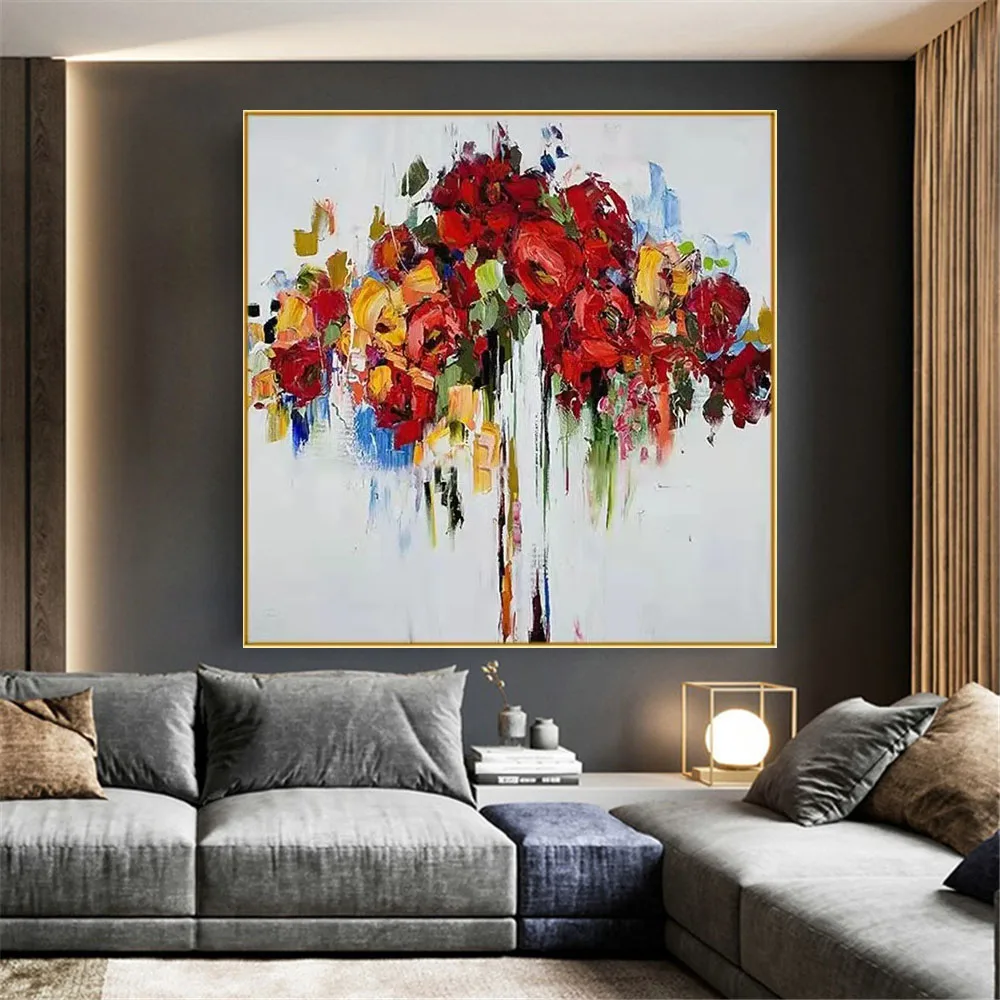 

100%Hand painted beautiful oil painting plant rose flower red texture canvas painting room wall art modern home decoration mural