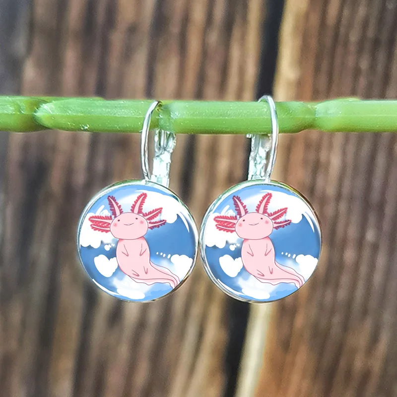 Модные Axolotl серьги милые животные мультфильм узор стекло кабошон висячие для