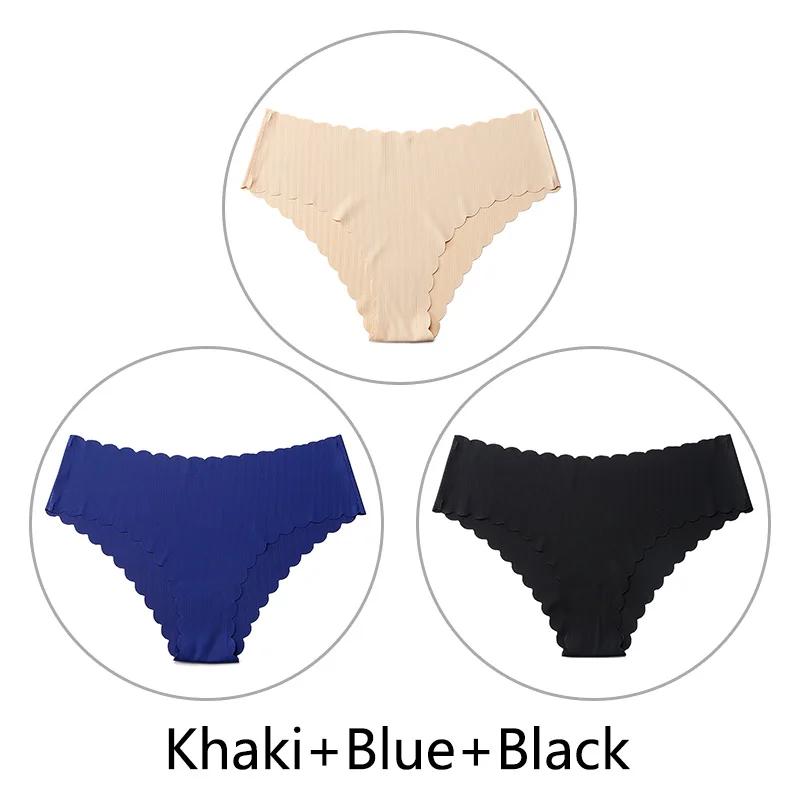 Khaki Blue Black 3 шт./партия, сексуальные бесшовные трусики с оборками для женщин, полосатые трусы с низкой посадкой, цельное нижнее белье, женское нижнее белье, американский размер xs-l - Цвет: Khaki Blue Black