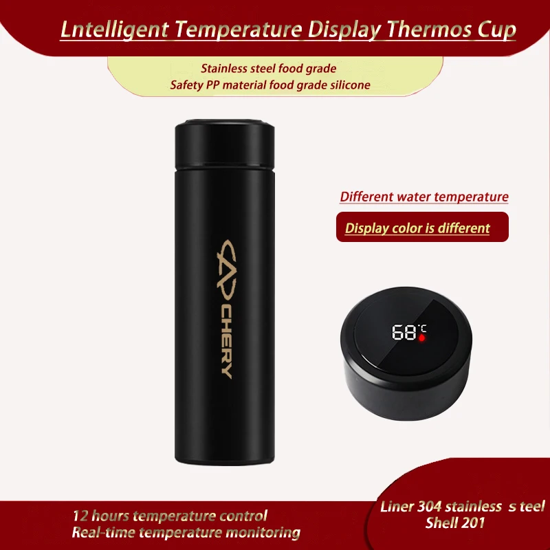 

500ML Intelligent Thermos Temperature Display Customize Stainless Water Cup For Chery Tiggo 3 5 T11 A1 A3 A5 Car Accessories