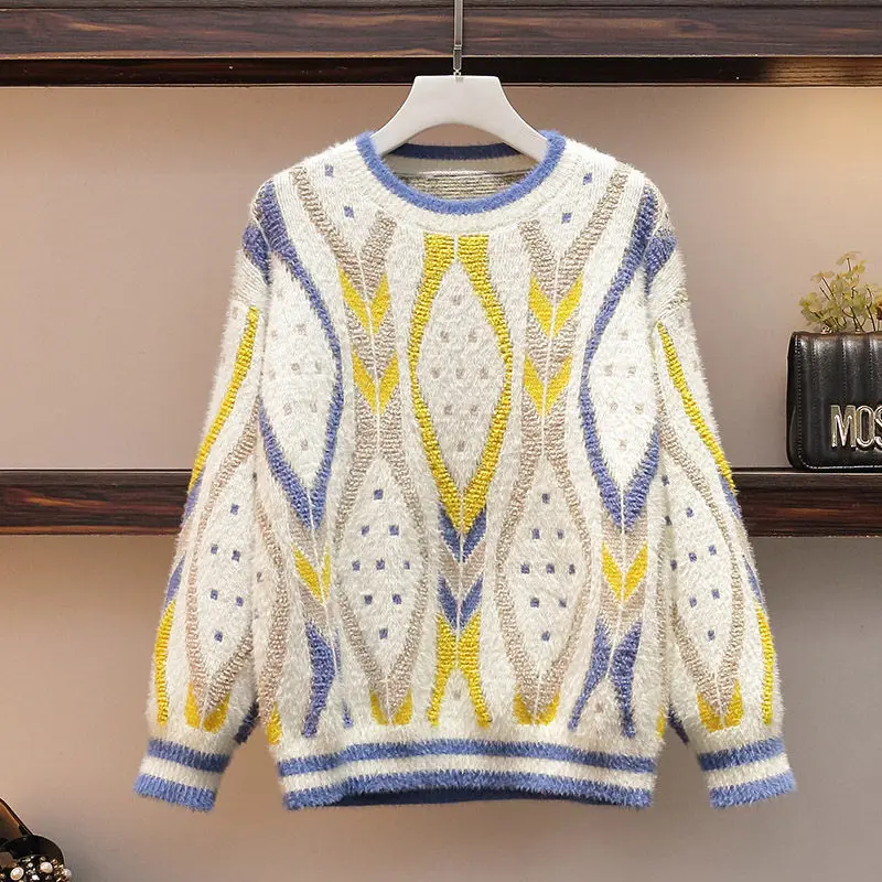 

2019 New Fashion Patchwork Pattern Faux Mink Sweater Winter Warm Womens Knitwear Pullovers Elegant Pull Femme Shirt Tops f1440