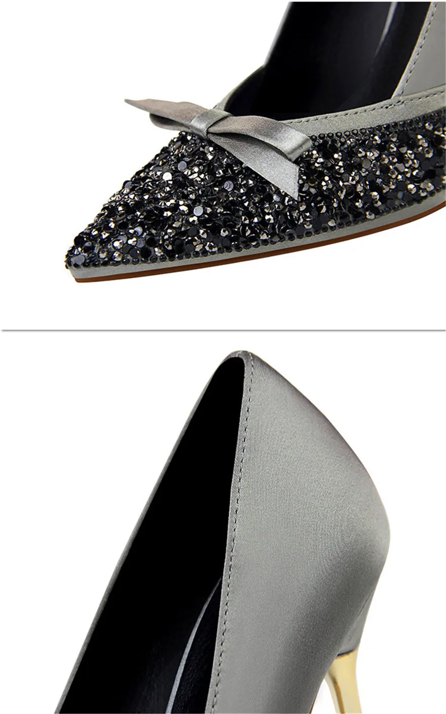

2021 New Fashion Bling Metal Heel Women Pumps Silk Shallow Korean Women's Sweet Small Bowknot High Heels Shoes 10CM Woman