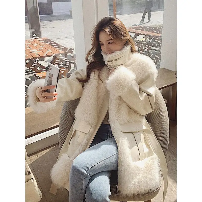 

Женская зимняя куртка из искусственного меха, модное женское пальто из натурального меха, Корейская свободная утепленная плюшевая верхняя ...