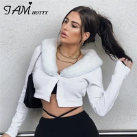 elegant removable fur collar white cardigan women button long sleeve tops v neck sexy tshirts slim tee french clothes iamhotty
