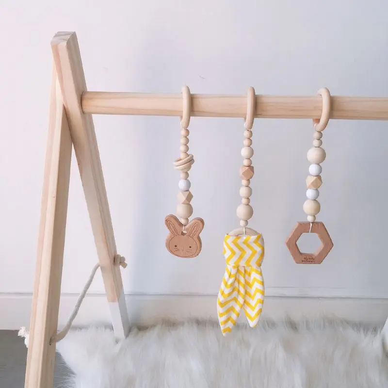 

1Set Nordic Cartoon Baby Wooden Rabbit Ear Toys Pendant Gym Fitness Rack Kits