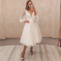 moonlightshadow lovely wedding dresses a line v neck full sleeves puff tulle mid calf lace up bridal gown vestido de novia